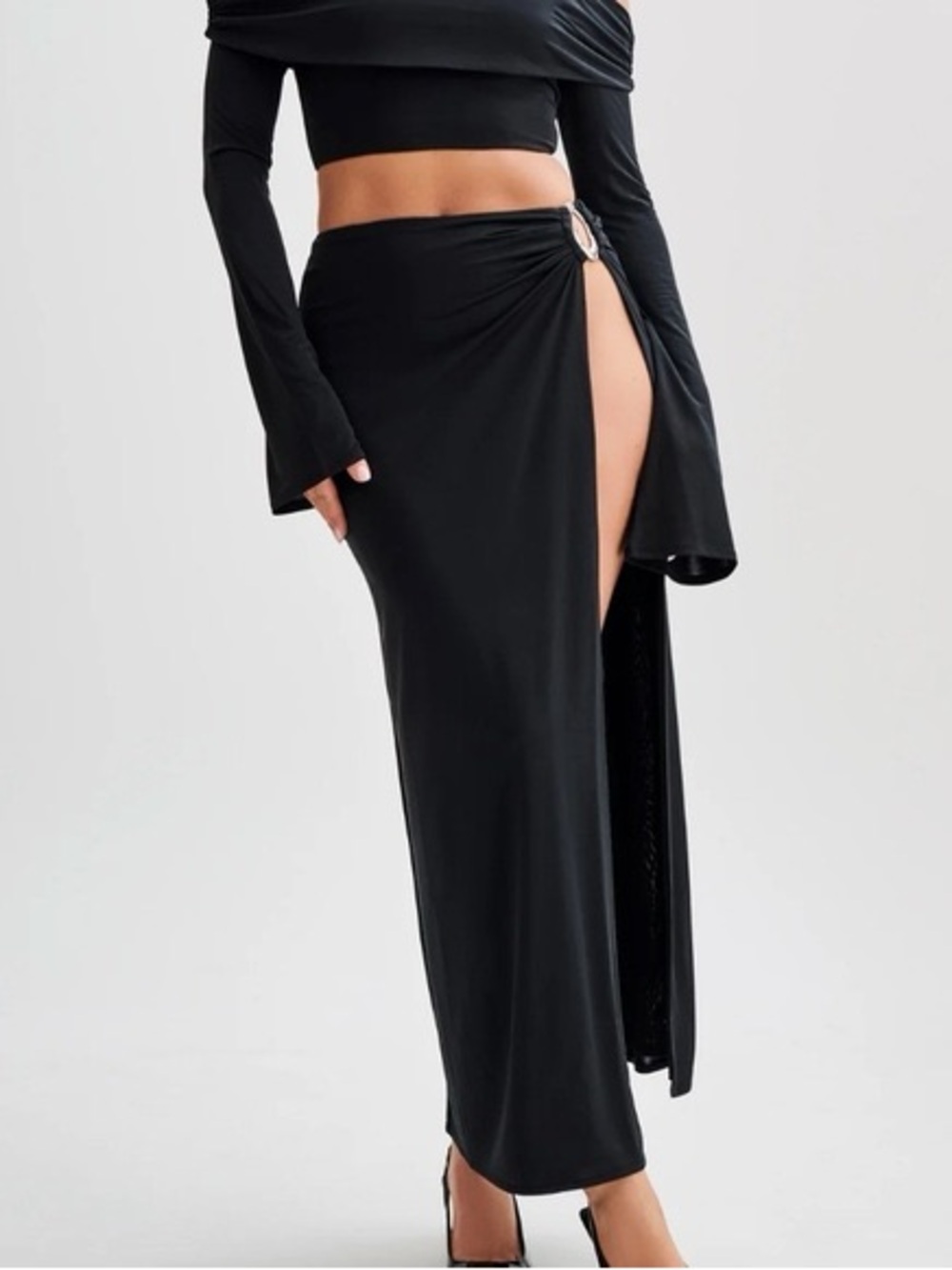 Meshki Black High-Slit Maxi Skirt with Diamante & Silver Ring Detail (XS)